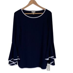 New Sam and Jess Navy Bell-Sleeve Tunic Blouse Size L White Trim Nautical Office